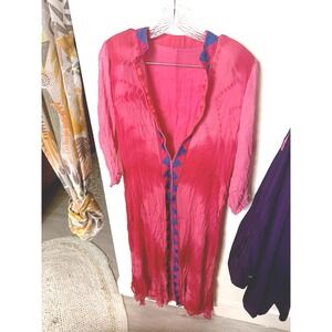 Hippie Kaftan silk tie dye vivid pink Embroidered collar accent SM/Med Zip Front